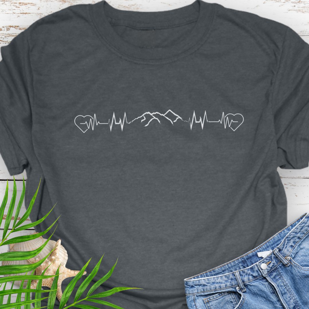 Dark Heather T-shirt with heartbeat design featuring mountain range for nature lovers.