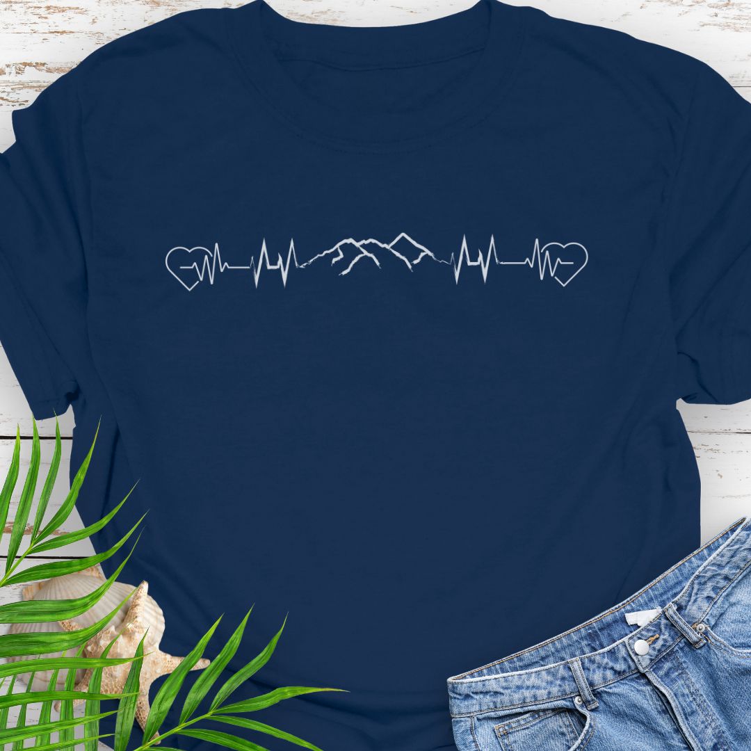 Navy T-shirt with heartbeat design featuring mountain range for nature lovers.