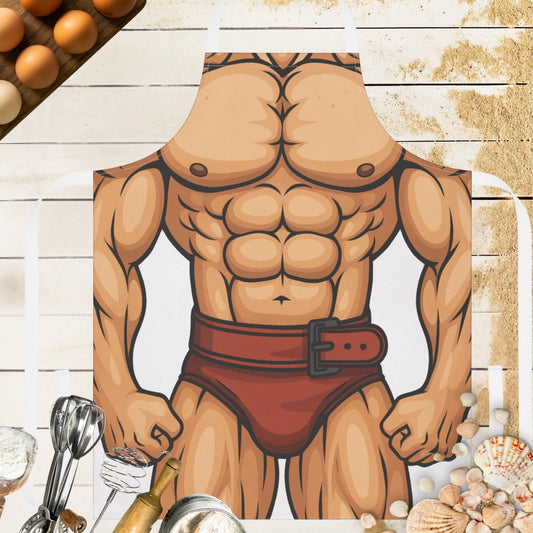Muscular cartoon character apron on a wooden surface with kitchen items.