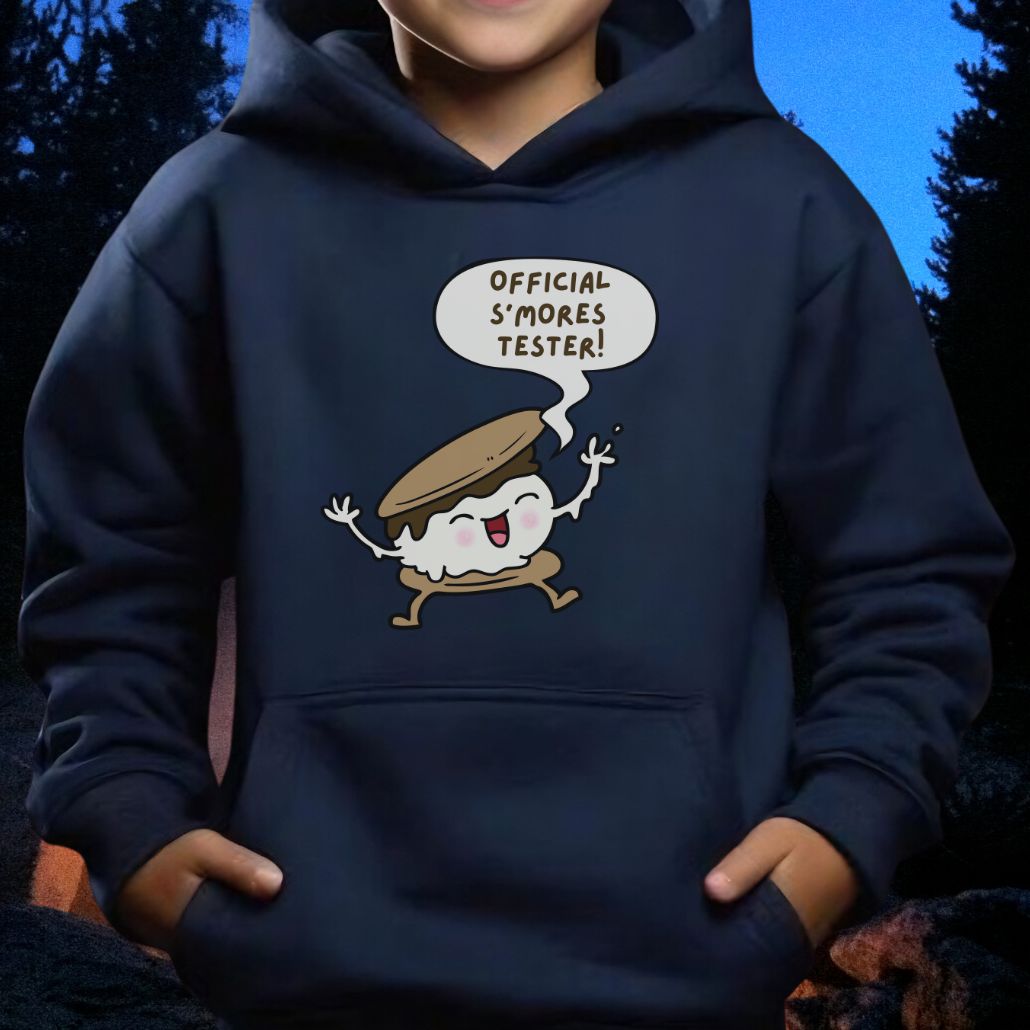 Navy Youth hoodie with "Official S’mores Tester" text in a speech bubble with cartoon s'more – fun camping-themed sweatshirt for kid.