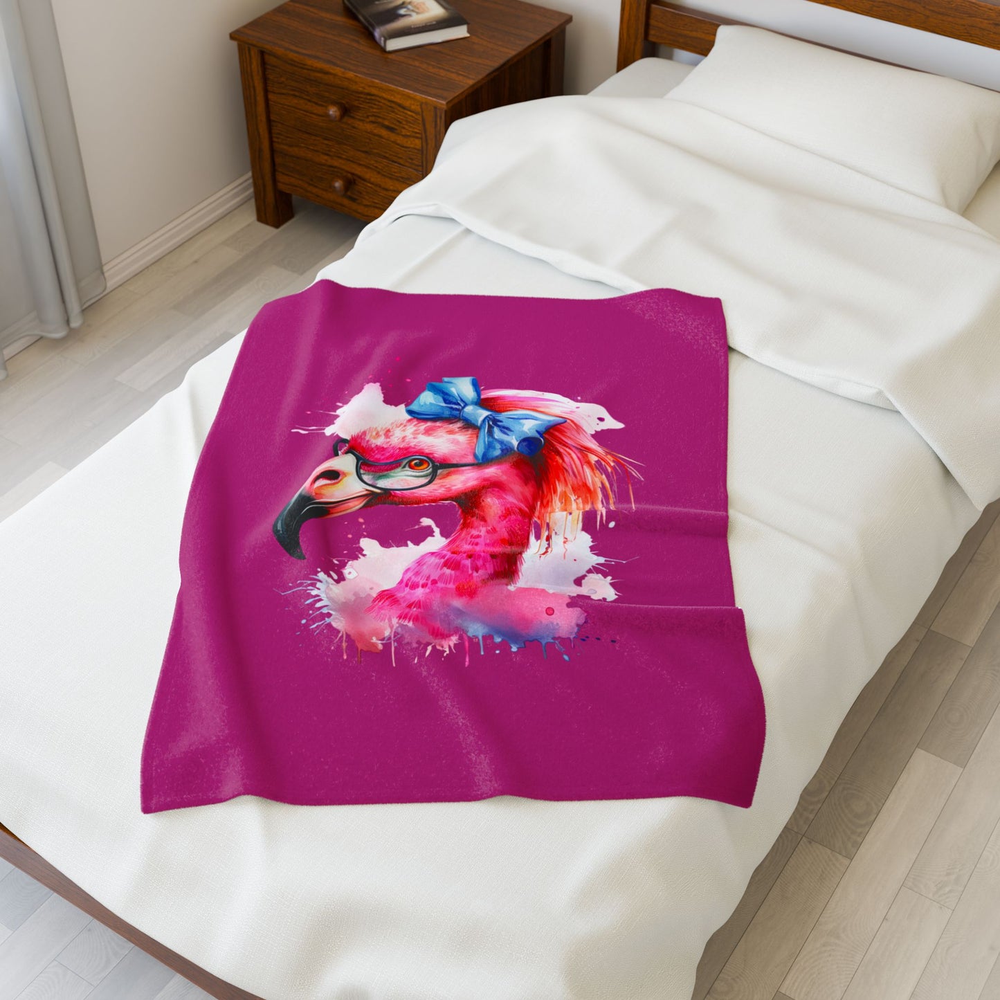 Glam Flamingo Plush Pink 30 x 40 Blanket with watercolor flamingo head, glasses, and blue bow.