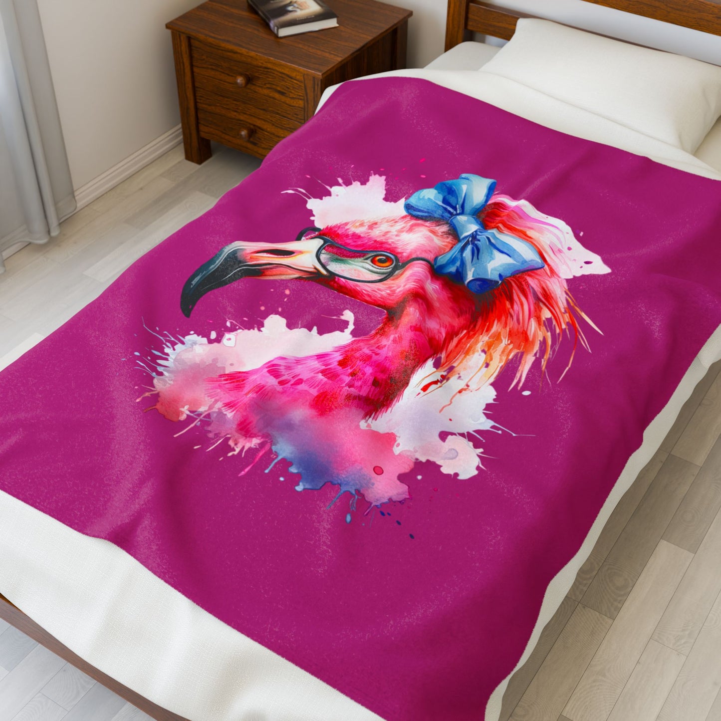 Glam Flamingo Plush Pink 50 x 60 Blanket with watercolor flamingo head, glasses, and blue bow.