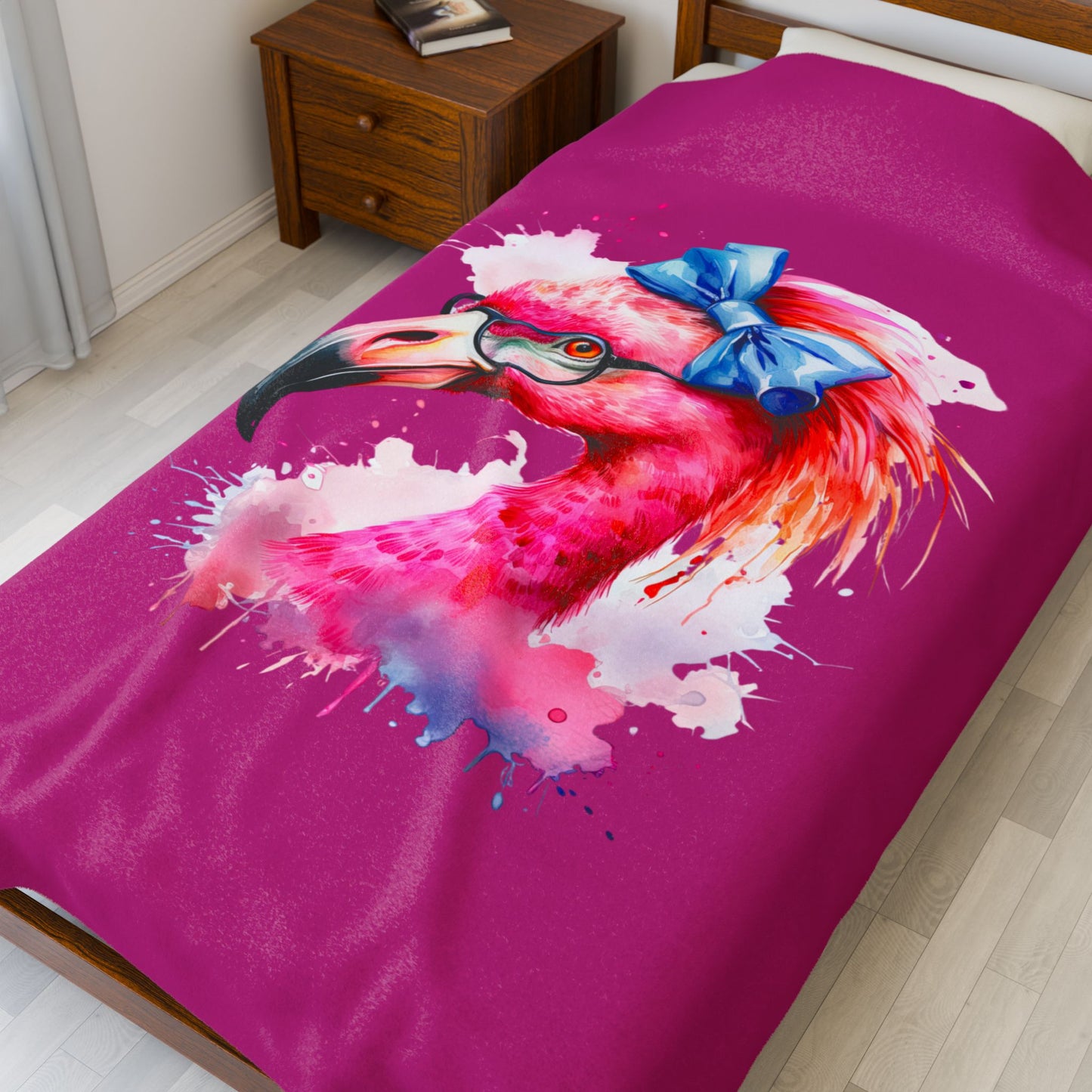 Glam Flamingo Plush Pink 60 x 80 Blanket with watercolor flamingo head, glasses, and blue bow.