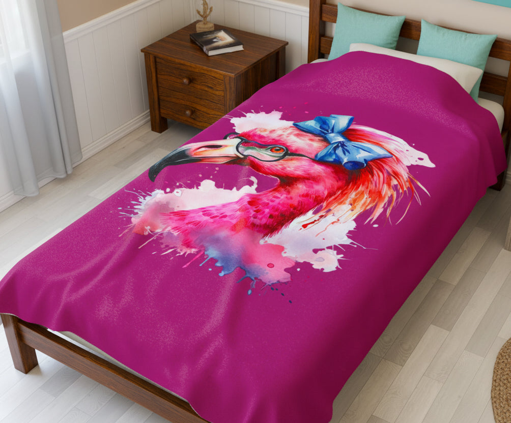 Glam Flamingo Plush Pink 60 x 80 Blanket with watercolor flamingo head, glasses, and blue bow.