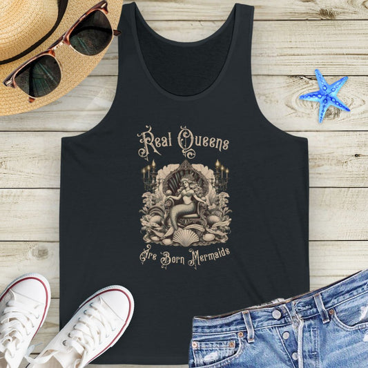 Dark Heather Victorian-style mermaid sitting on a seashell throne with text “Real Queens Are Born Mermaids” on a soft unisex tank top.