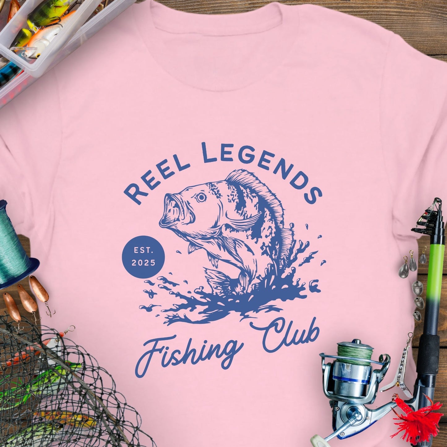 Light Pink Reel Legends Fishing Club Unisex T-shirt perfect for a fishing enthusiast.