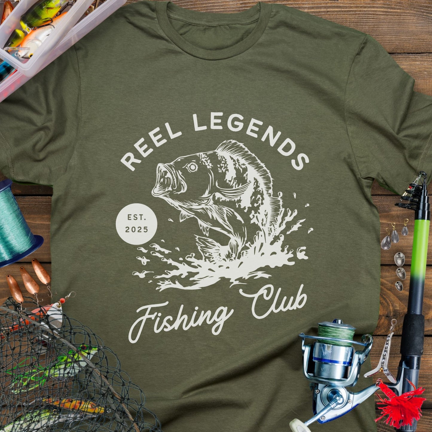 Military Green Reel Legends Fishing Club Unisex T-shirt perfect for a fishing enthusiast.