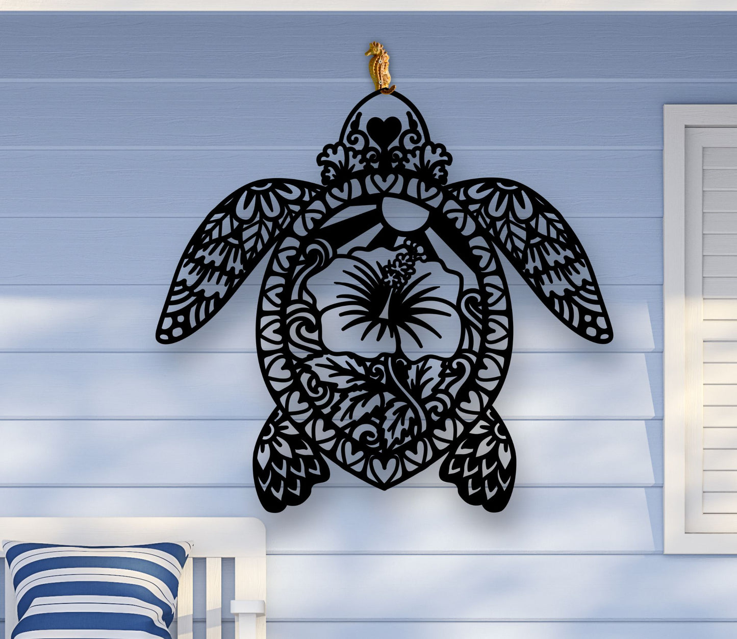 Black Metal wall art of a sea turtle silhouette with detailed cutouts and a hibiscus flower in the center, available in various sizes and colors.