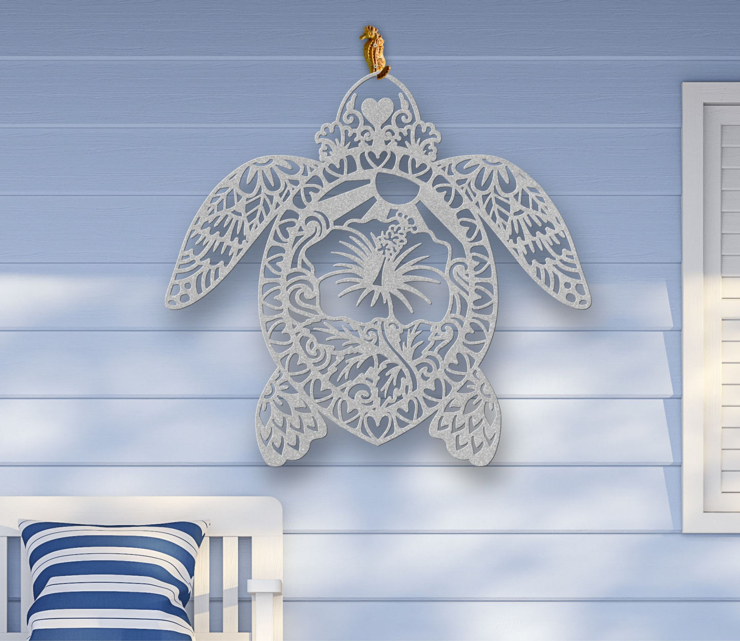 Silver Metal wall art of a sea turtle silhouette with detailed cutouts and a hibiscus flower in the center, available in various sizes and colors.