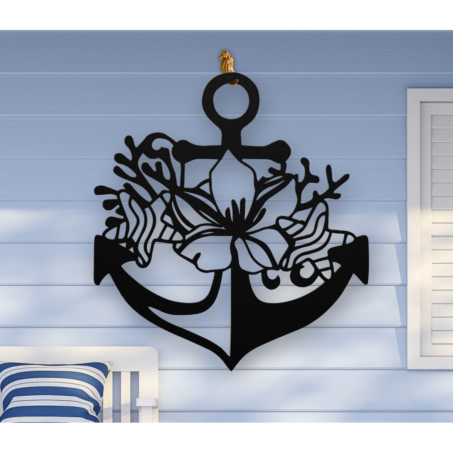 Black metal wall art shaped like an anchor with a hibiscus flower, starfish, and shell design accents, available in 5 colors and multiple sizes.