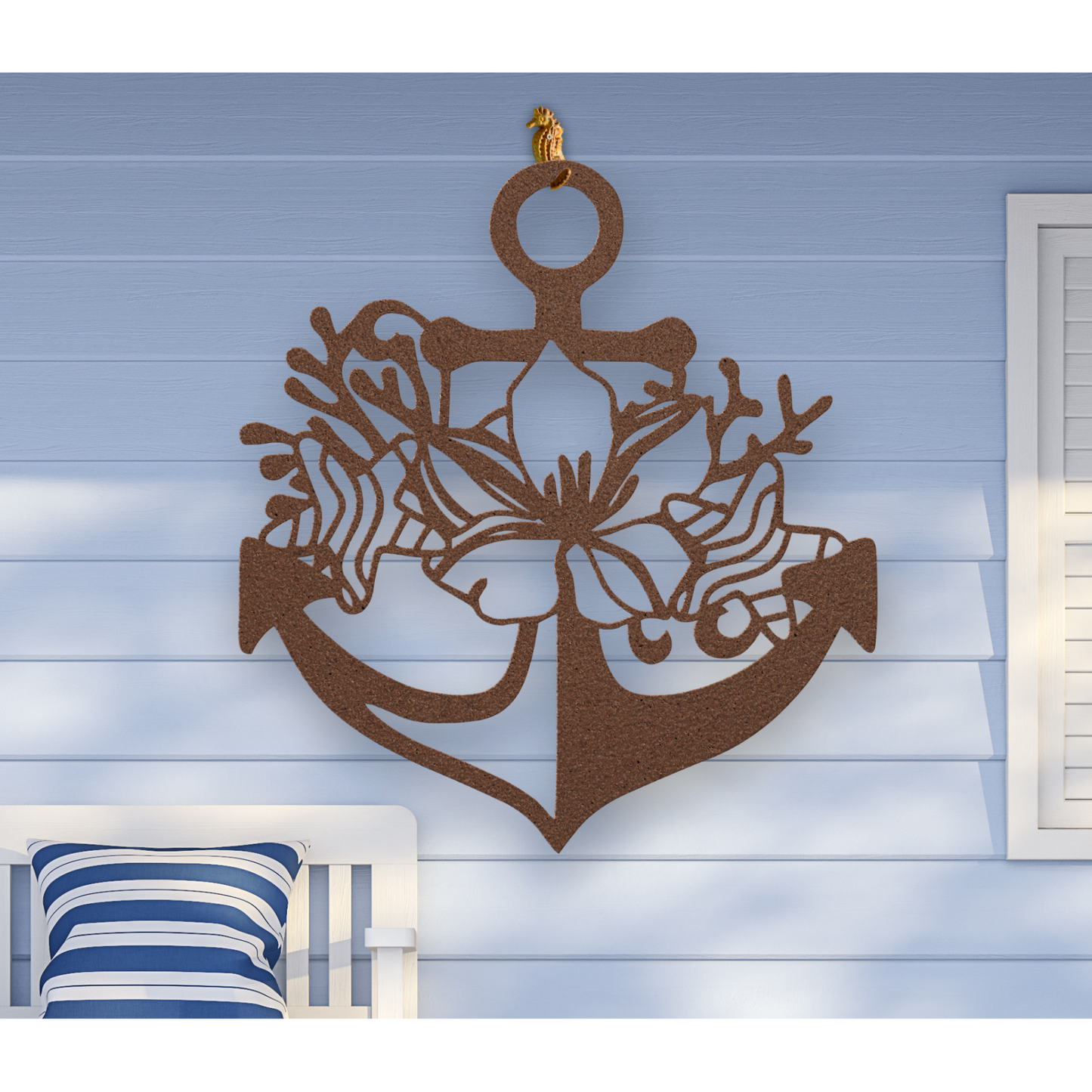 Copper metal wall art shaped like an anchor with a hibiscus flower, starfish, and shell design accents, available in 5 colors and multiple sizes.