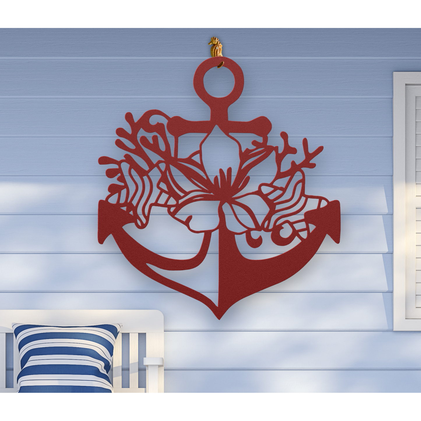 Red metal wall art shaped like an anchor with a hibiscus flower, starfish, and shell design accents, available in 5 colors and multiple sizes.