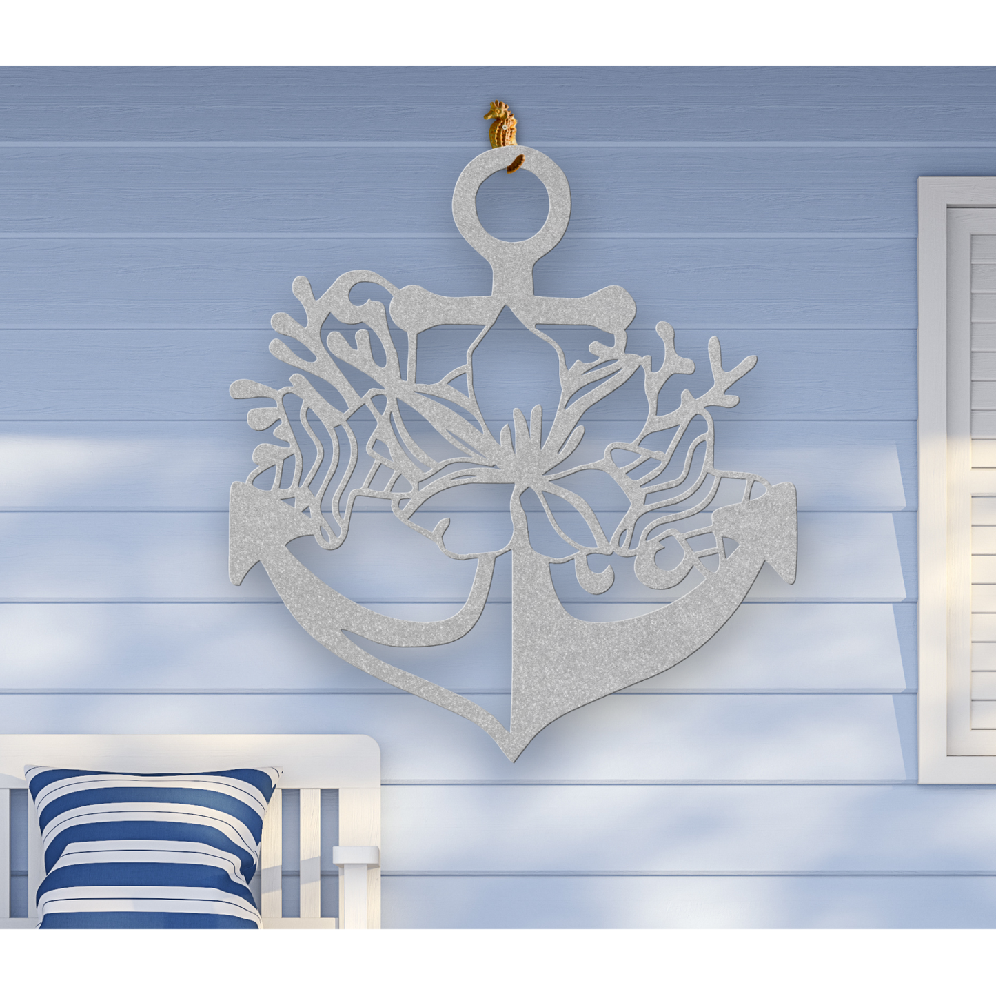 Silver metal wall art shaped like an anchor with a hibiscus flower, starfish, and shell design accents, available in 5 colors and multiple sizes.