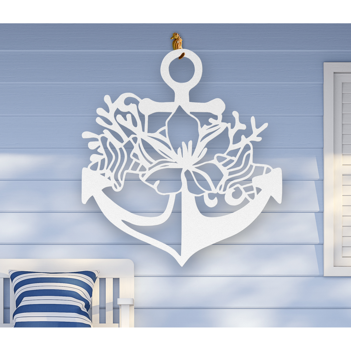 White metal wall art shaped like an anchor with a hibiscus flower, starfish, and shell design accents, available in 5 colors and multiple sizes.