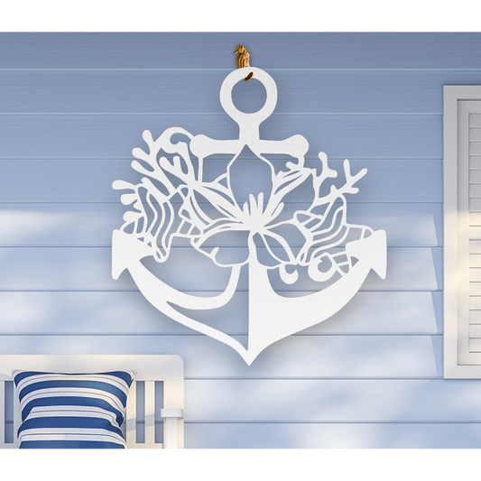 White metal wall art shaped like an anchor with a hibiscus flower, starfish, and shell design accents, available in 5 colors and multiple sizes.