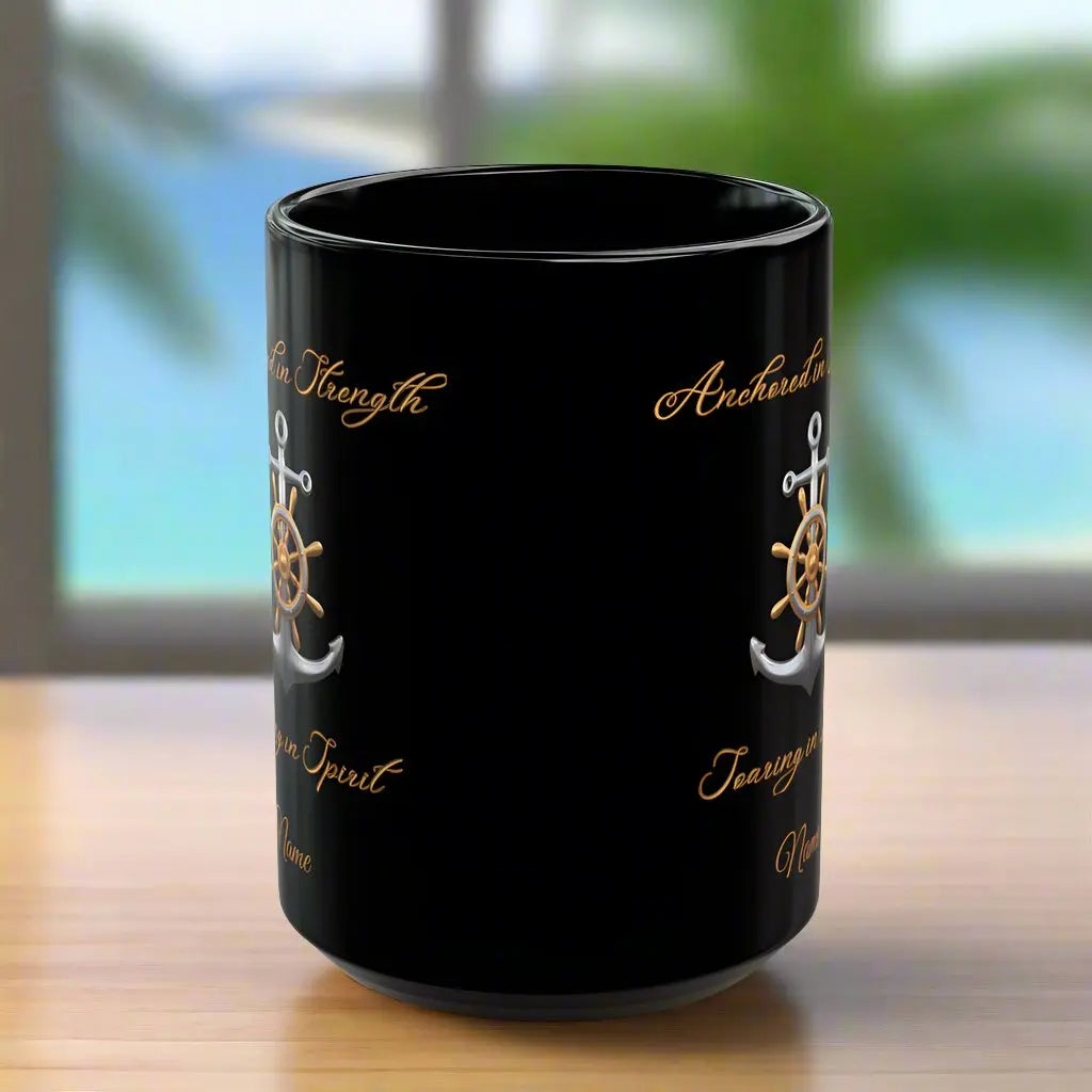 Side view of black mug showing anchor design on both sides