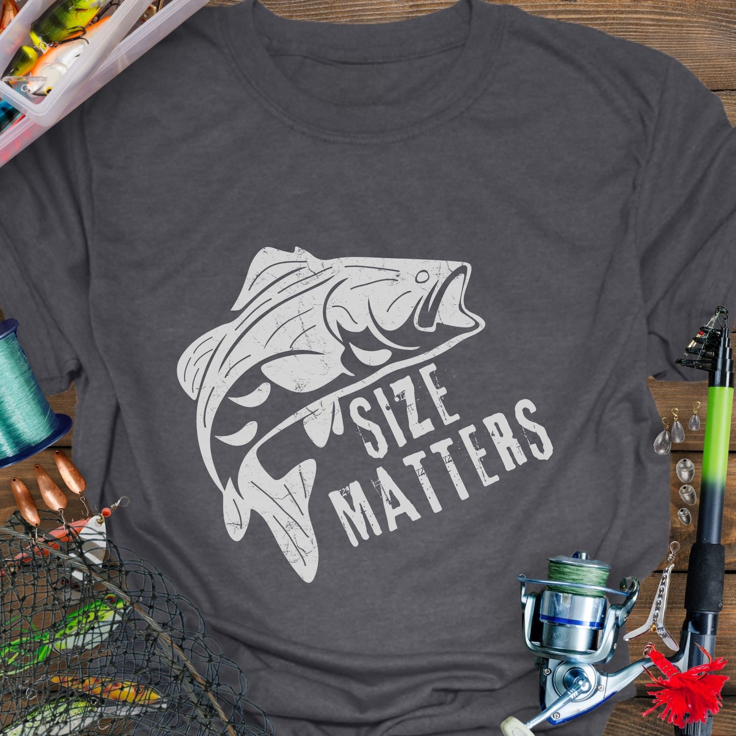 Dark Heather funny fishing T-shirt with a fish and bold "Size Matters" text.