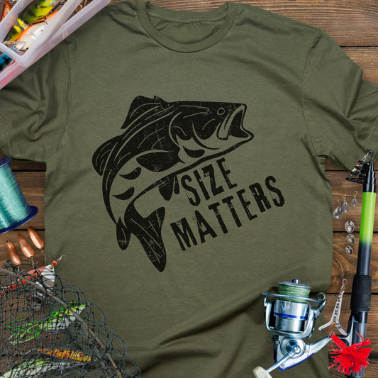 Military Green funny fishing T-shirt with a fish and bold "Size Matters" text.