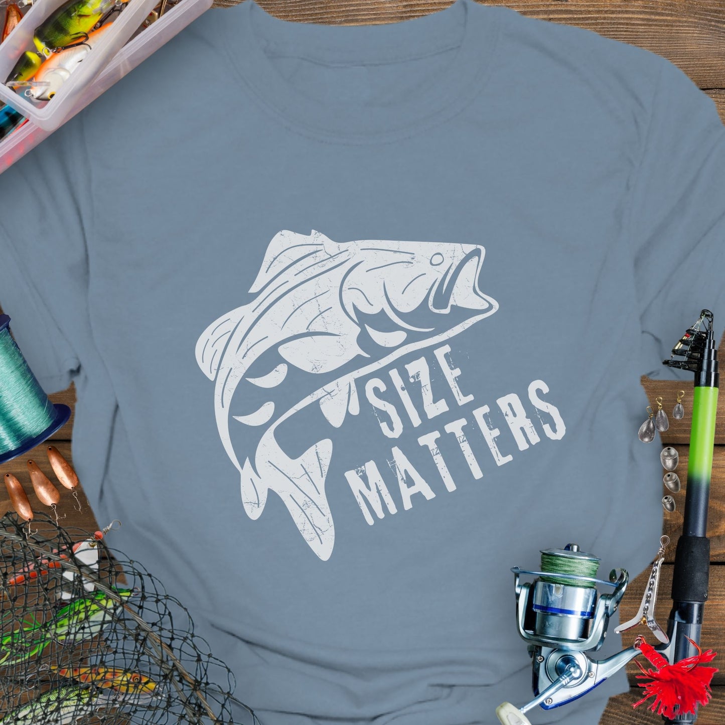 Stone Blue funny fishing T-shirt with a fish and bold "Size Matters" text.