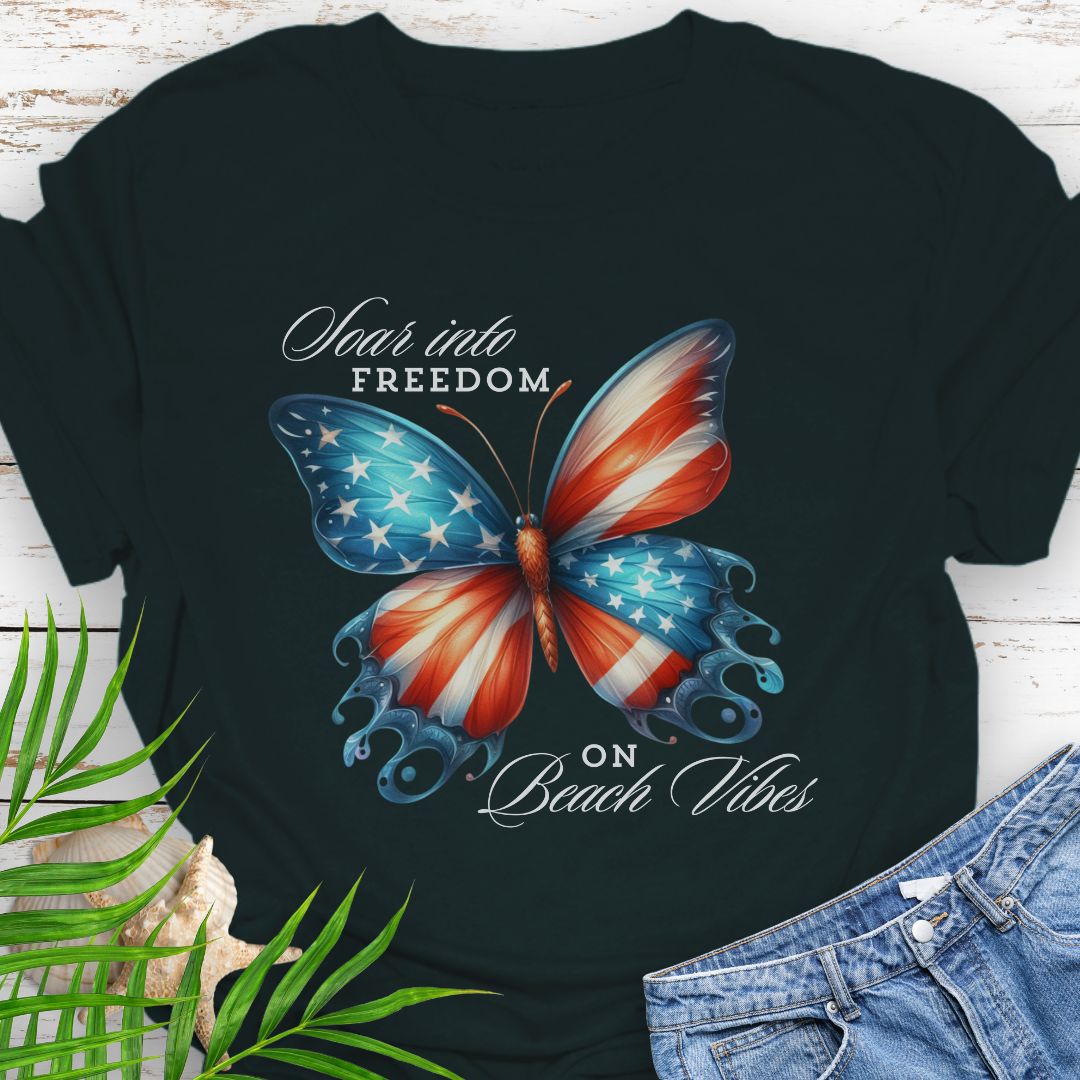 Black American flag butterfly T-shirt with “Soaring into Freedom” slogan, made of 100% ring-spun cotton, classic fit with crew neckline, perfect for patriotic holidays.