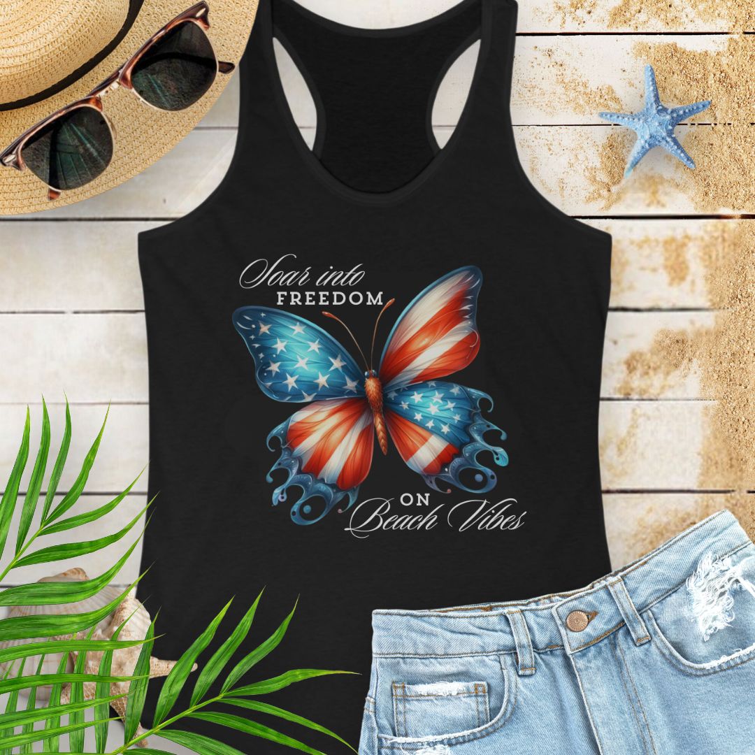 Black patriotic women’s tank top with a American flag butterfly design and “Soaring into Freedom” slogan, featuring a scooped neckline and tear-away label.