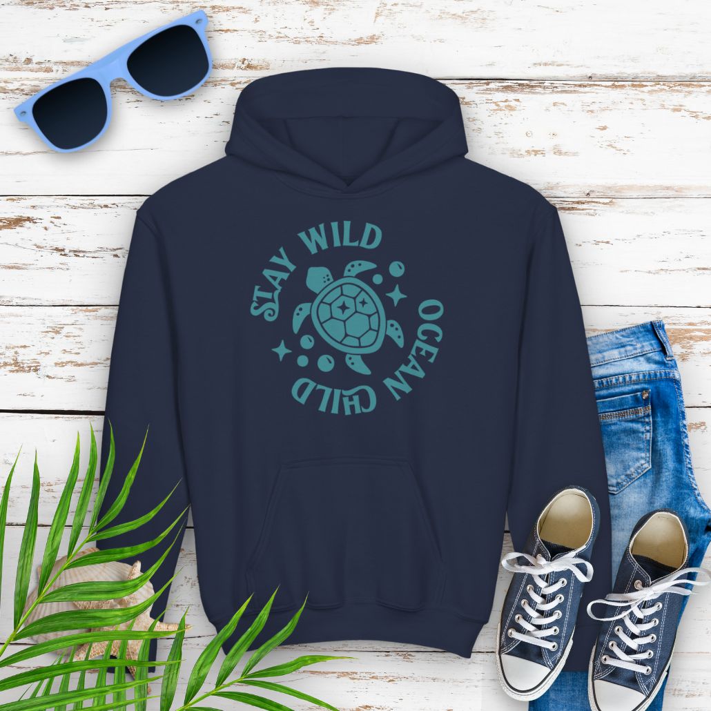 Navy child hoodie with sea turtle with surrounding text Stay Wild Ocean Child.