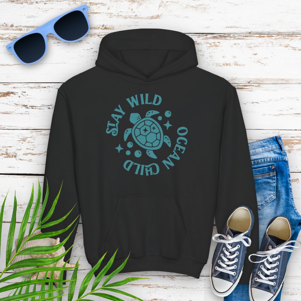 Black child hoodie with sea turtle with surrounding text Stay Wild Ocean Child.