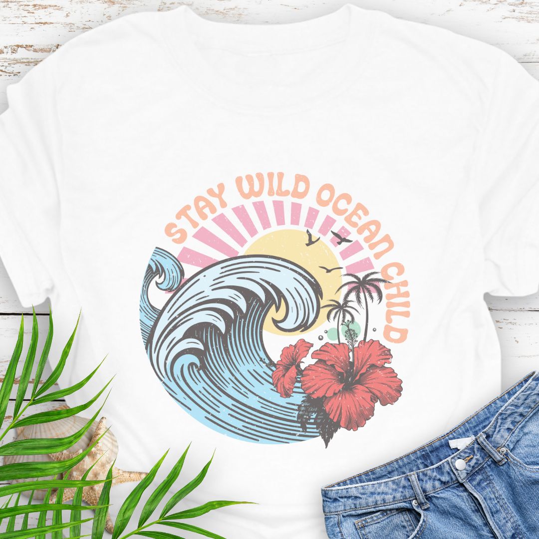 White circular beach design with ocean wave, sun, and hibiscus flower and the phrase “Stay Wild Ocean Child”.