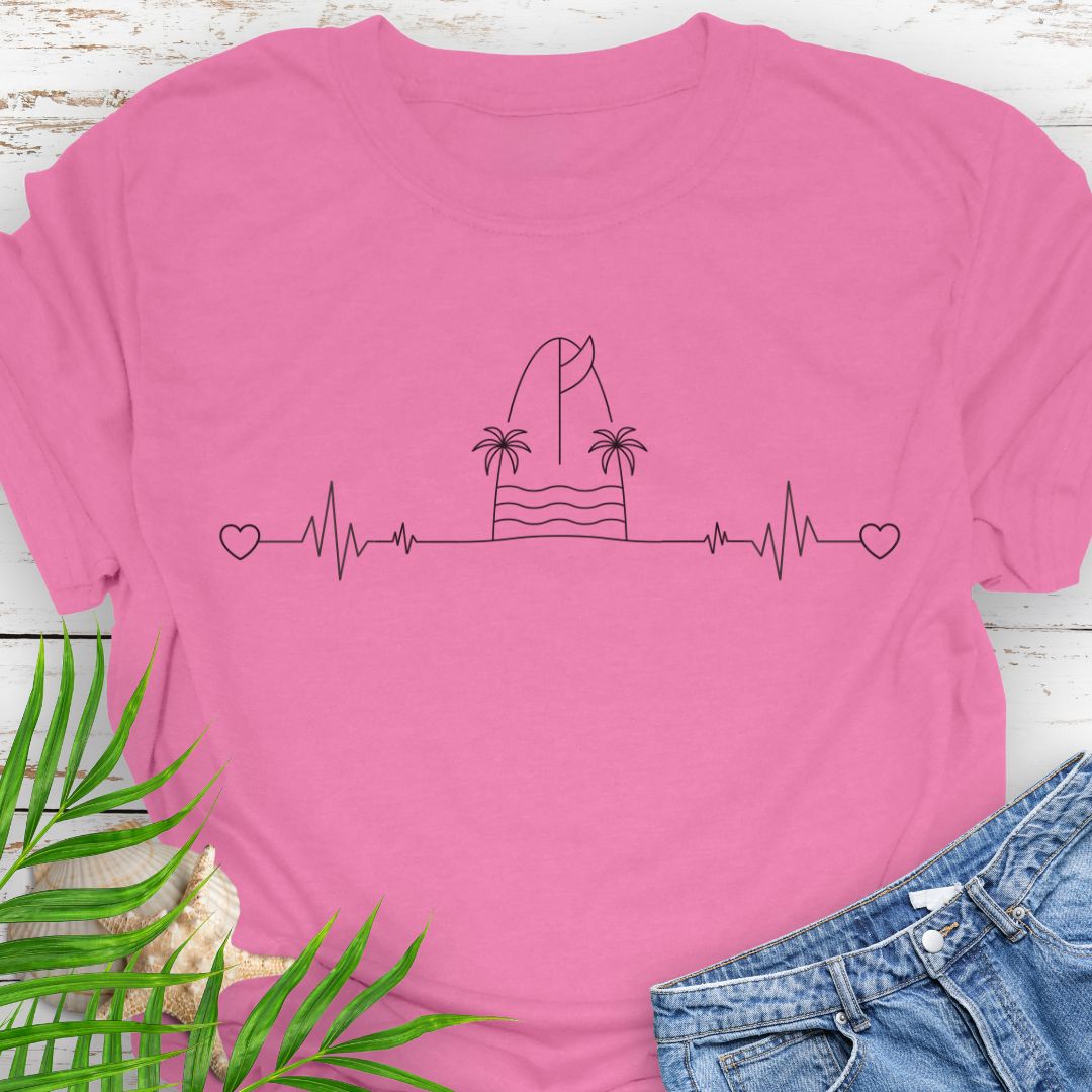Azalea T-shirt with heartbeat line design featuring surfboard and palm trees.