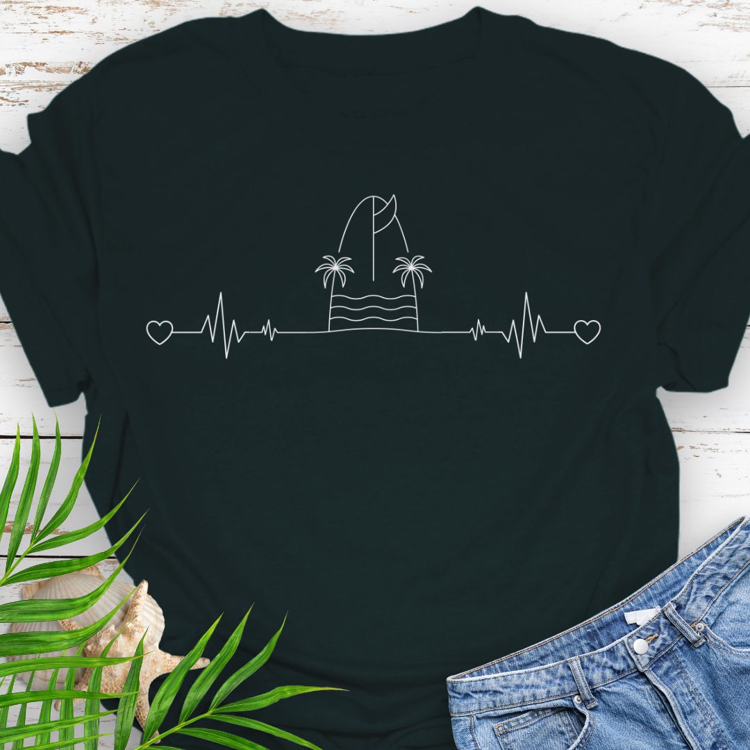 Black T-shirt with heartbeat line design featuring surfboard and palm trees.