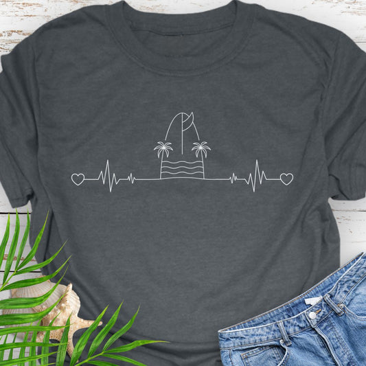 Dark Heather T-shirt with heartbeat line design featuring surfboard and palm trees.