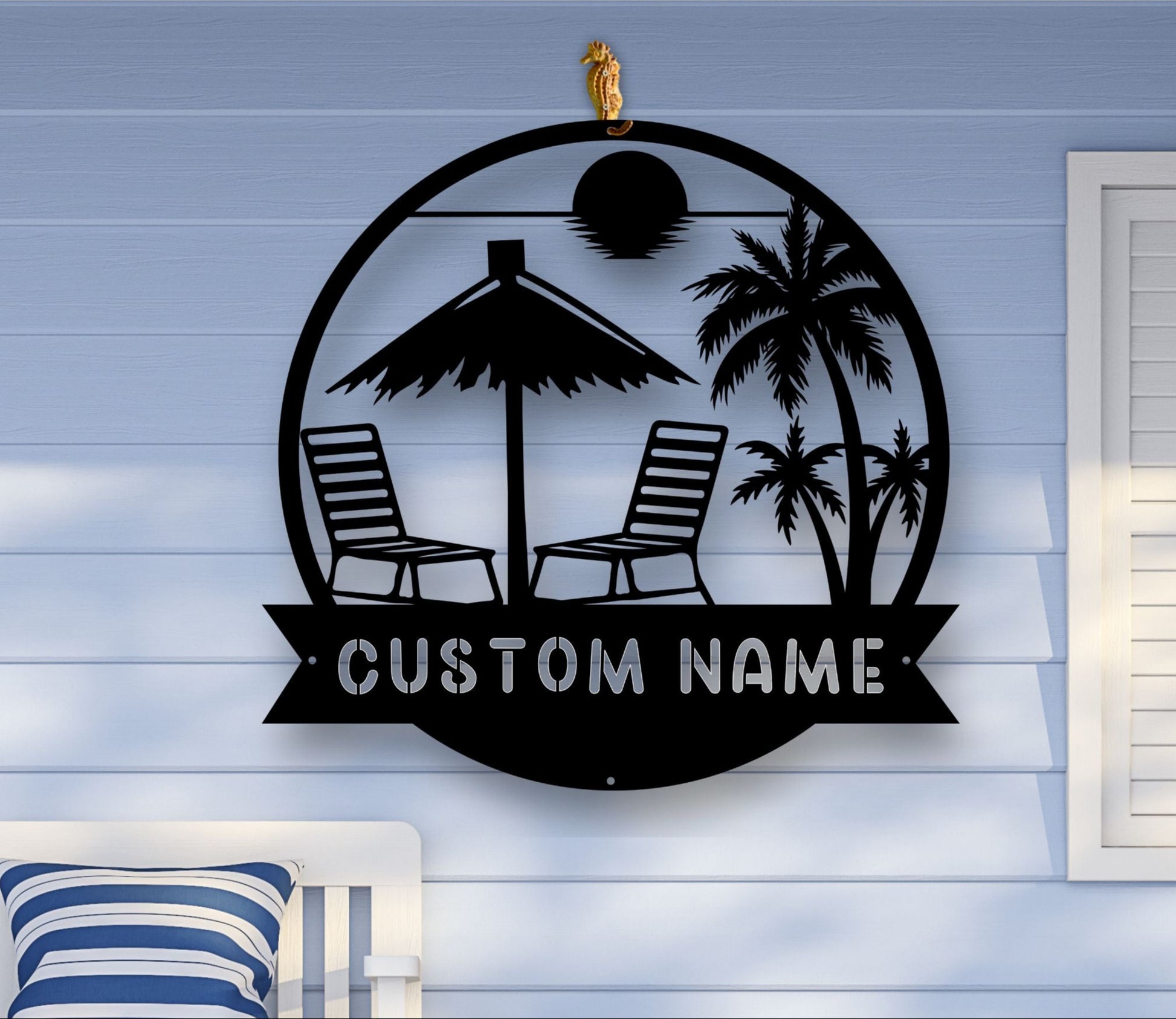 Black Metal wall art featuring a beach scene with palm trees, waves, and a sunset silhouette, available in multiple sizes and finishes, with custom text options.