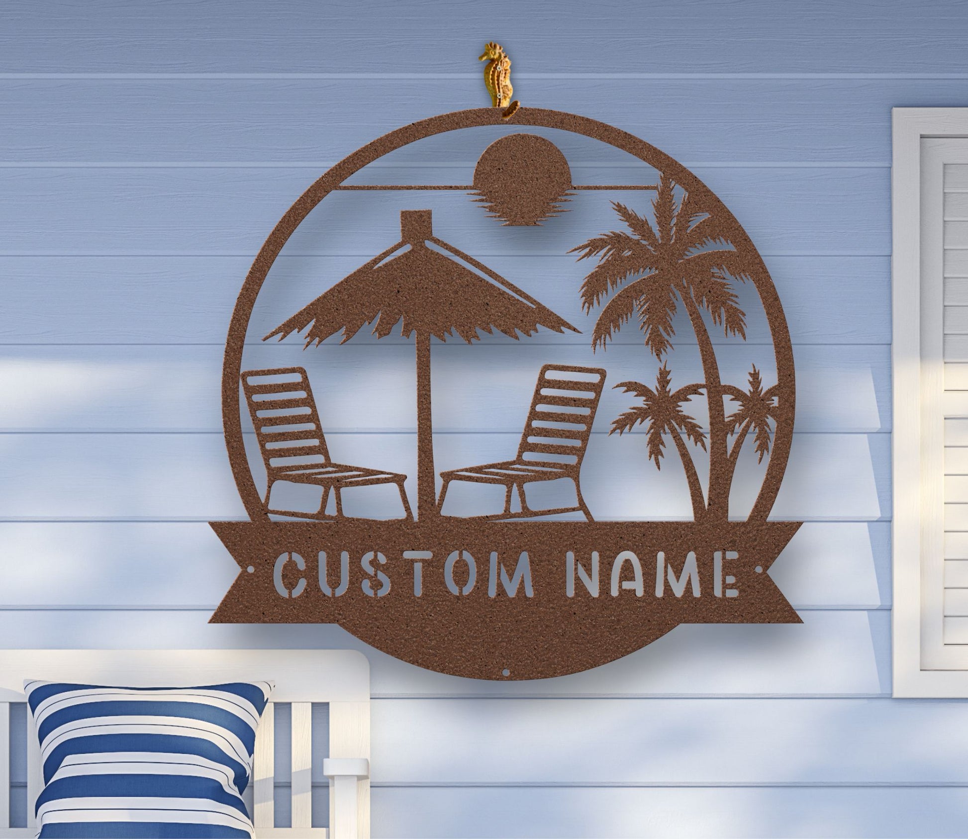 Copper Metal wall art featuring a beach scene with palm trees, waves, and a sunset silhouette, available in multiple sizes and finishes, with custom text options.