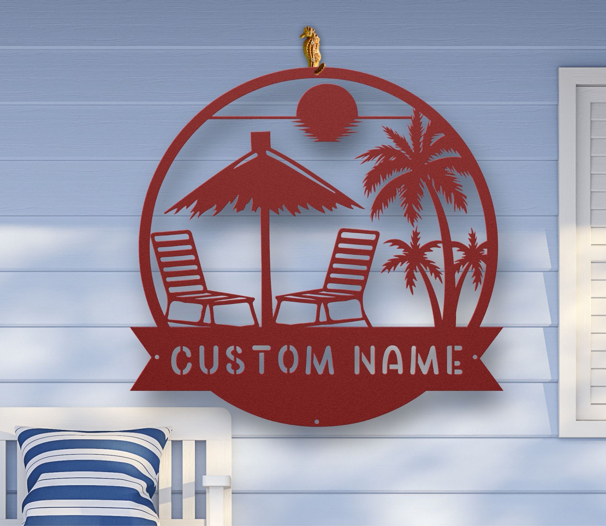 Red Metal wall art featuring a beach scene with palm trees, waves, and a sunset silhouette, available in multiple sizes and finishes, with custom text options.