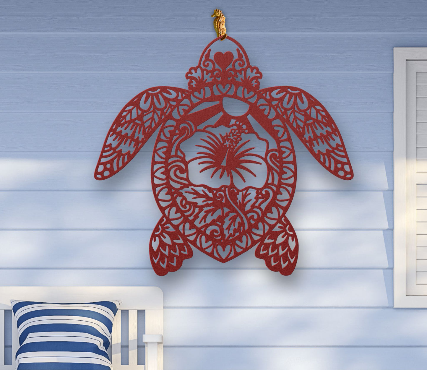 Red Metal wall art of a sea turtle silhouette with detailed cutouts and a hibiscus flower in the center, available in various sizes and colors.