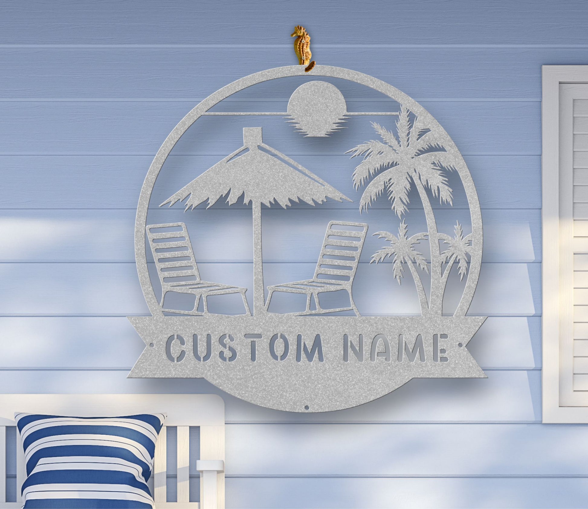 Silver Metal wall art featuring a beach scene with palm trees, waves, and a sunset silhouette, available in multiple sizes and finishes, with custom text options.