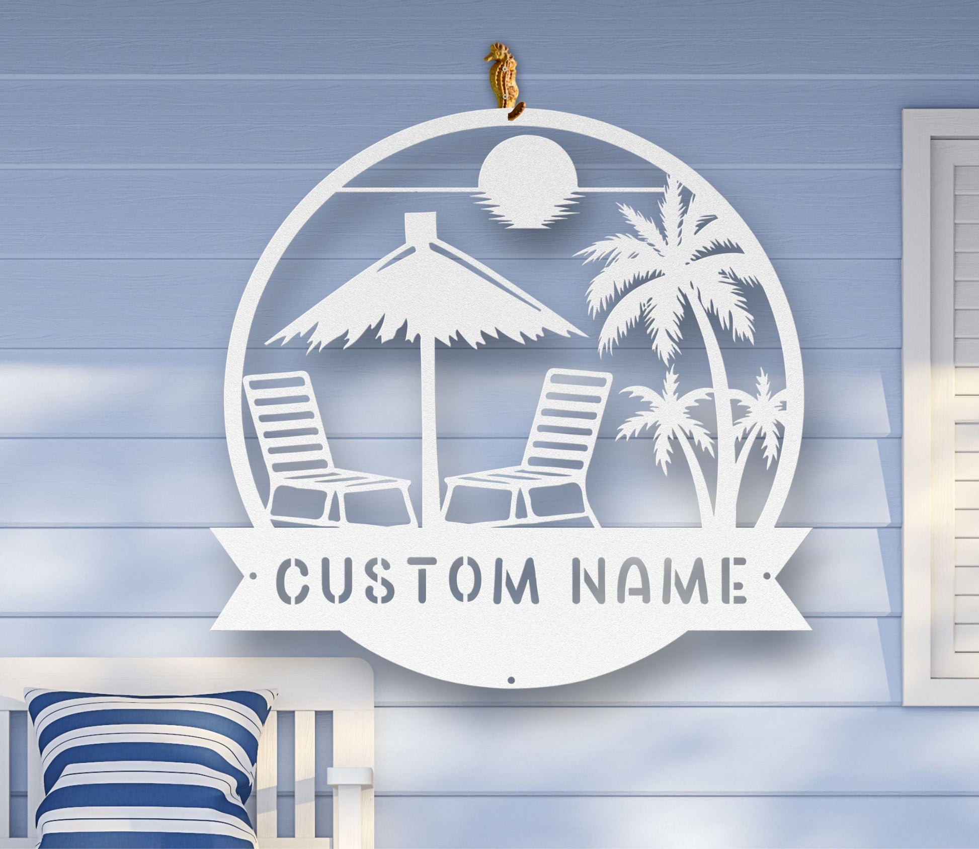 White Metal wall art featuring a beach scene with palm trees, waves, and a sunset silhouette, available in multiple sizes and finishes, with custom text options.