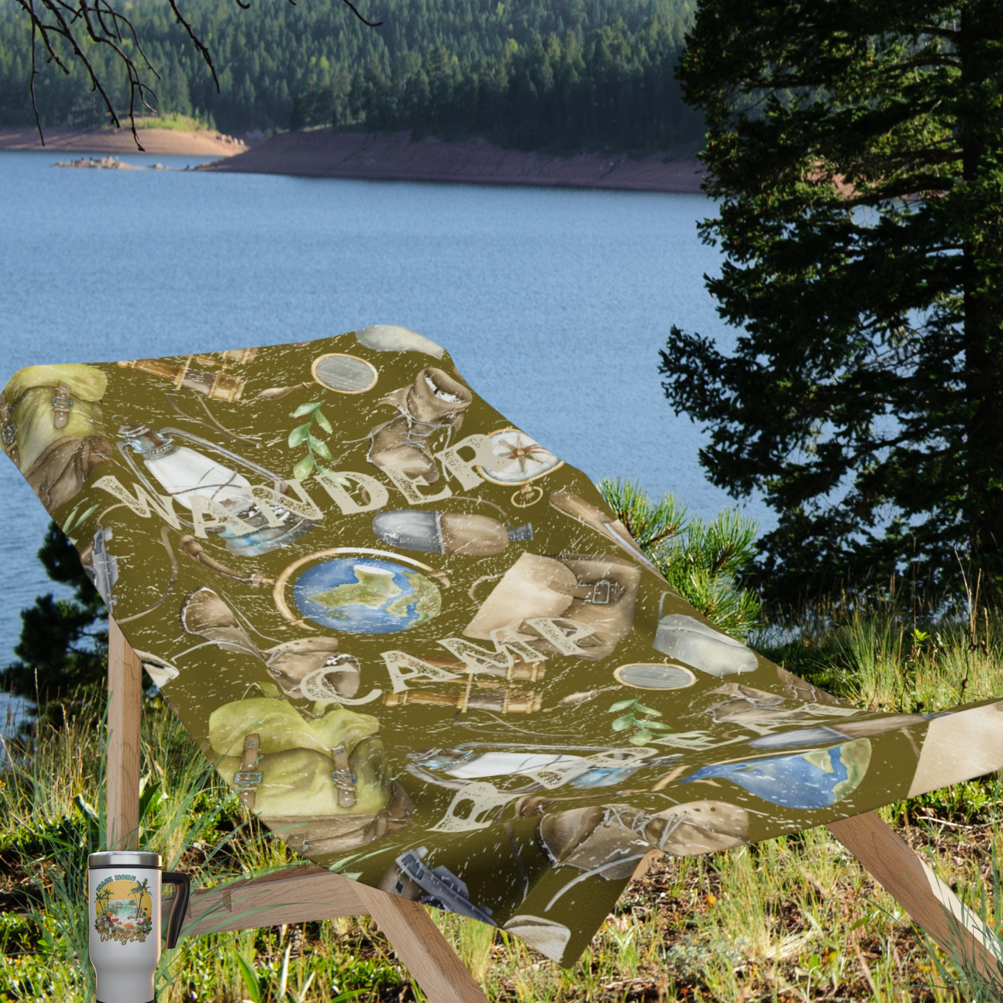 Olive green adventure-themed beach towel with camping elements and the phrase “Wander Camp Repeat”.