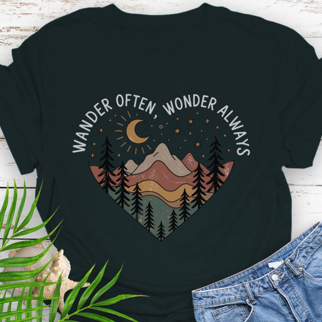 Black Unisex t-shirt with mountain and trees in a heart shape and the phrase "Wander Often, Wonder Always".