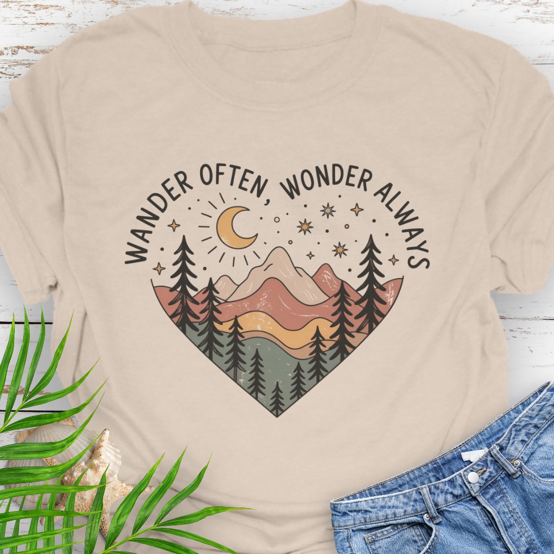 Natural beige Unisex t-shirt with mountain and trees in a heart shape and the phrase "Wander Often, Wonder Always".