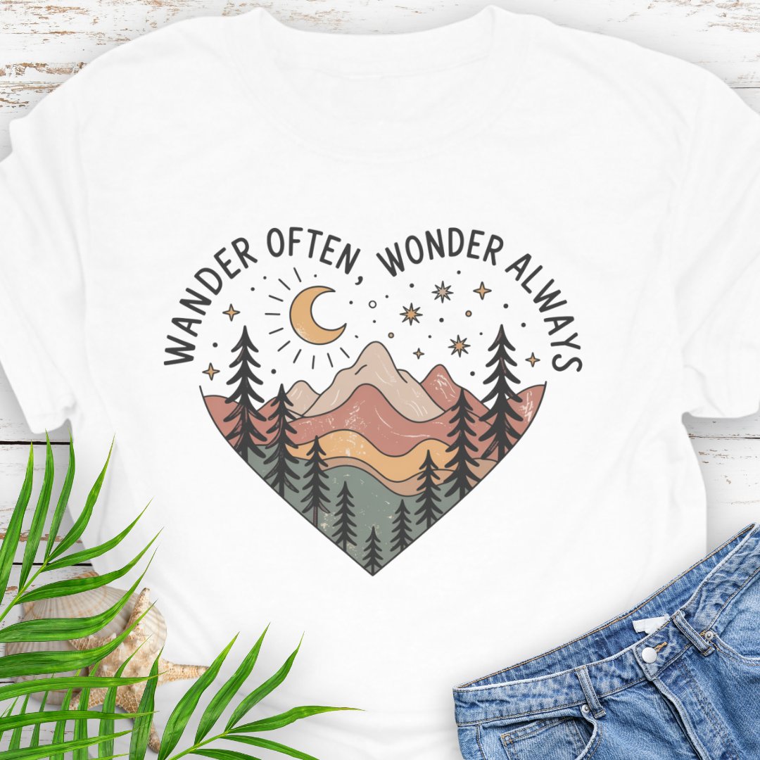 White Unisex t-shirt with mountain and trees in a heart shape and the phrase "Wander Often, Wonder Always".