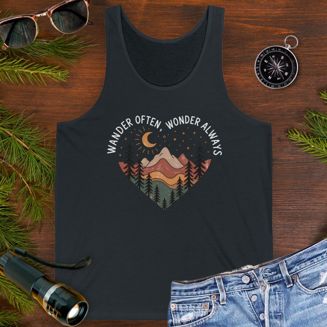 Charcoal unisex tank top with boho-style mountain landscape enclosed within a heart shape with wander often, wander always at the top of the heart.