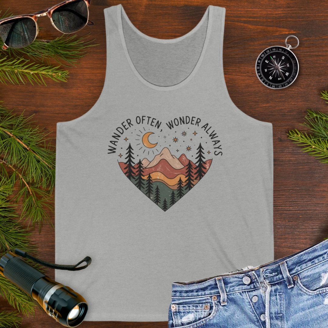 Gray unisex tank top with boho-style mountain landscape enclosed within a heart shape with wander often, wander always at the top of the heart.