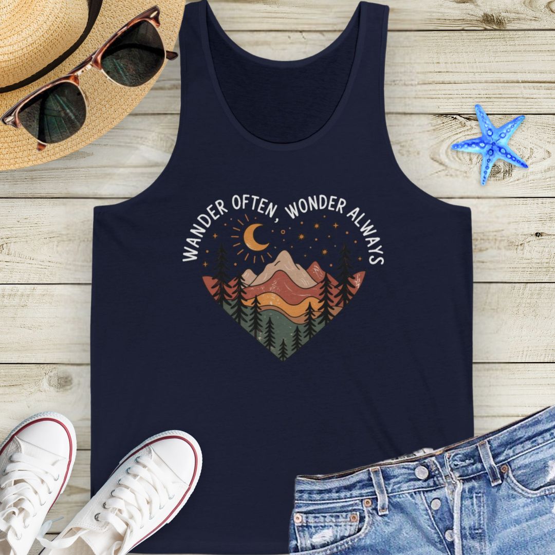 Navy unisex tank top with boho-style mountain landscape enclosed within a heart shape with wander often, wander always at the top of the heart.