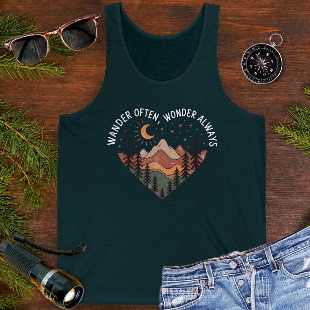 Navy unisex tank top with boho-style mountain landscape enclosed within a heart shape with wander often, wander always at the top of the heart.