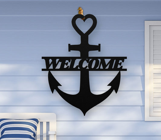 Black metal wall art shaped like an anchor with a heart at the top and the word “Welcome” cut out in the center; made of powder-coated steel.