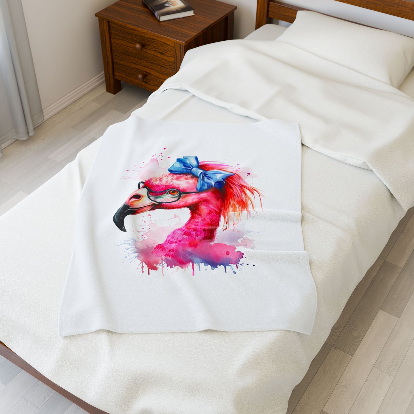 Glam Flamingo Plush White 30 x 40 Blanket with watercolor flamingo head, glasses, and blue bow.
