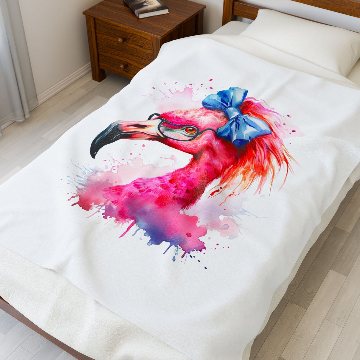 Glam Flamingo Plush White 50 x 60 Blanket with watercolor flamingo head, glasses, and blue bow.