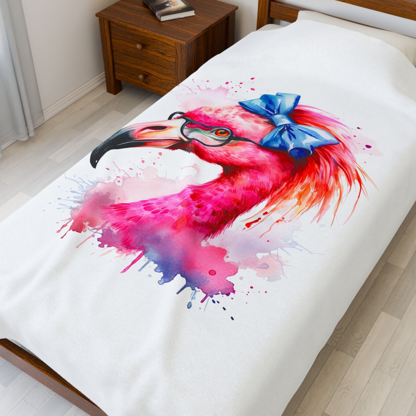 Glam Flamingo Plush White 60 x 80 Blanket with watercolor flamingo head, glasses, and blue bow.