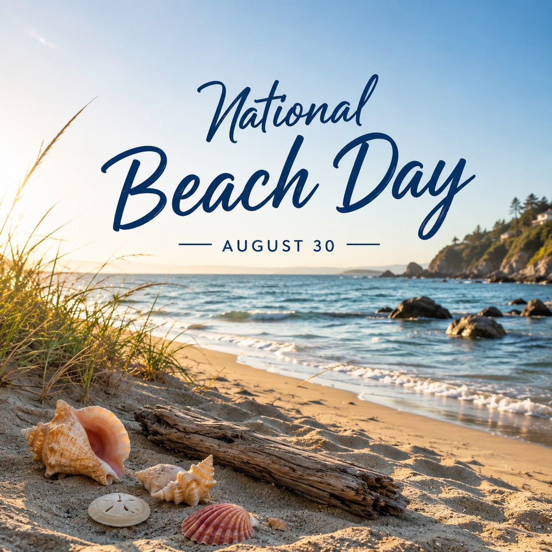 Beach scene with text National Beach Day August 30th.
